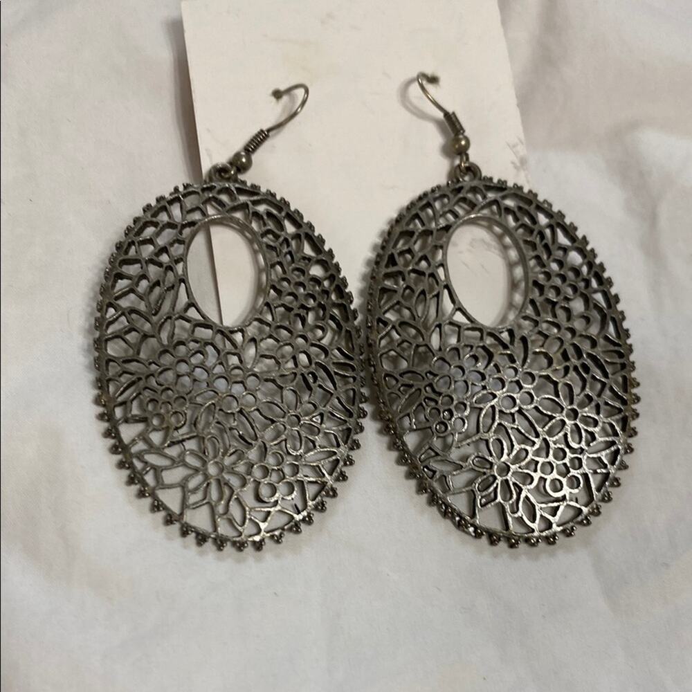 Fashion Silver Tone Floral Filigree Earrings 3”